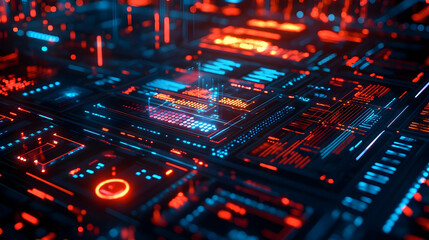 Obraz premium A blue and red illuminated circuit board showcasing a glowing futuristic motherboard design.