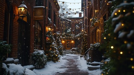 Obraz premium Snowy brick alleyway with string lights and snow-covered trees