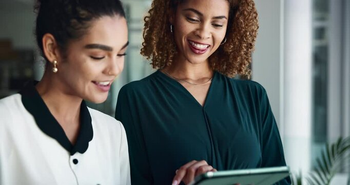 Teamwork, tablet and happy with business people in office for report, planning and bookkeeping record. Budget proposal, accountant and research with women in corporate firm for feedback and admin