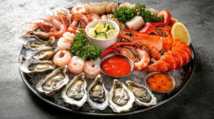 A Vibrant Seafood Platter Featuring Fresh Oysters, Succulent Shrimp, Juicy Lobster, and Various Shellfish Accompanied by Garnishes and Sauces for a Luxurious Dining Experience