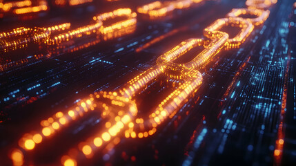 Fototapeta premium A glowing orange chain-like network illuminated with fiery light, forming a futuristic data grid.