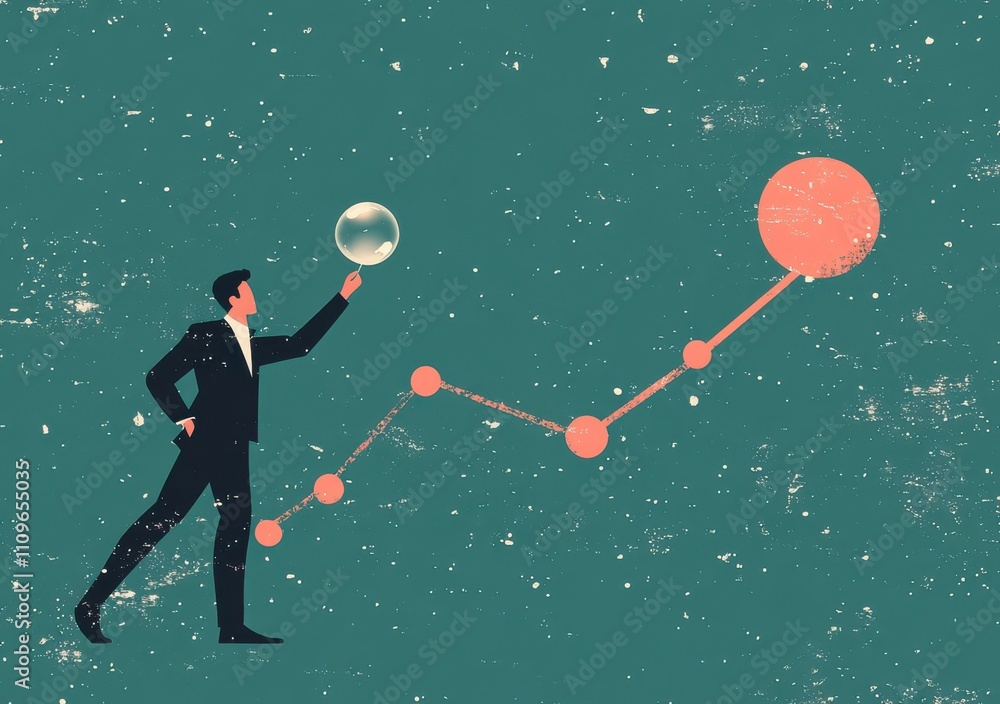 Aufkleber businessman analyzing growth trends with bubbles and graphs in a retro style, showing concepts of fi