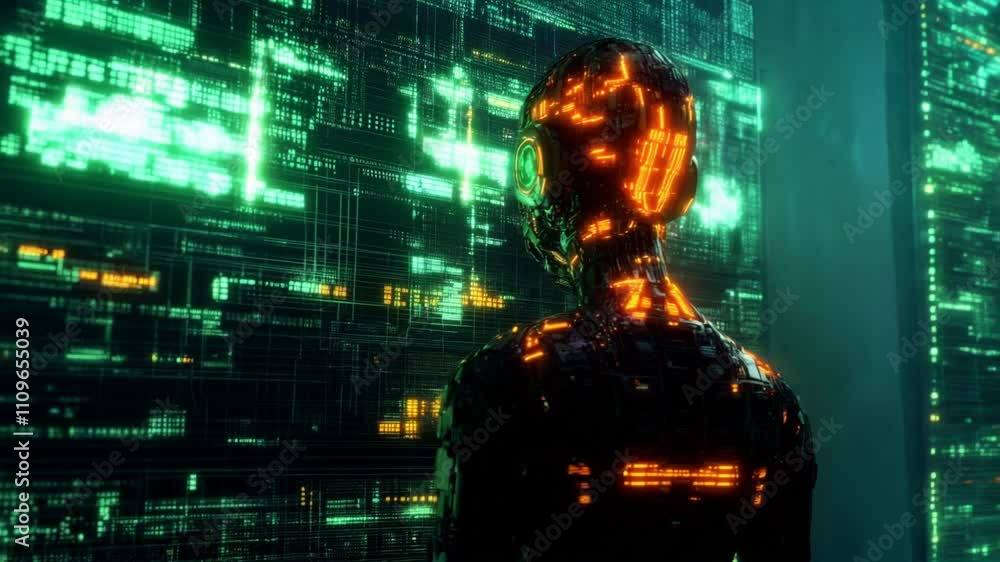 Poster futuristic humanoid ai interacting with glowing digital interface. represents artificial intelligenc