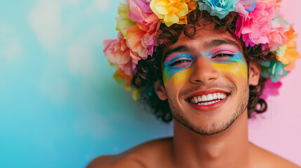 Obraz premium Smiling young man with vibrant rainbow face paint and a colorful flower crown, symbolizing LGBTQ+ pride, individuality, and celebration in a joyful and inclusive atmosphere.
