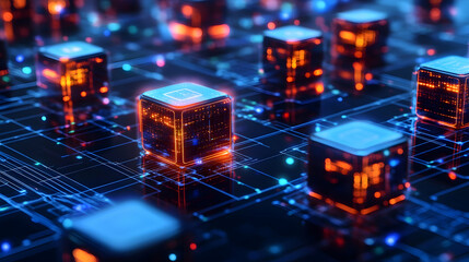 Obraz premium A glowing futuristic cube design with orange highlights resting on a blue digital grid.