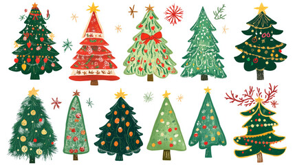 Set of hand drawn Christmas trees isolated on white background. 