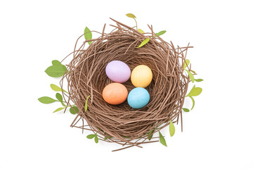 A bird's nest with colorful eggs, surrounded by leaves and twigs, placed on a white background