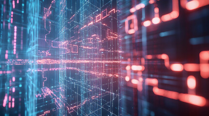 Obraz premium A glowing translucent pink and blue digital grid with neon highlights, resembling a connected network.