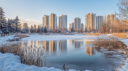 Obraz premium Snowy Shoreline and Frozen Lake with City Skyline Reflections