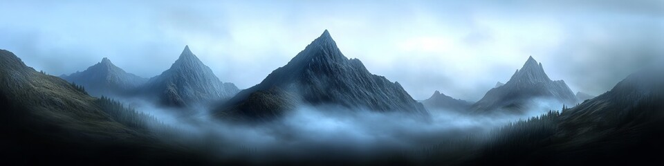 Majestic mountain peaks enveloped in mist, creating a serene and mystical atmosphere.