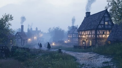 Tranquil Evening in an Enchanted Village with Misty Sky and Warm Lights Illuminating Cozy Cottage Homes