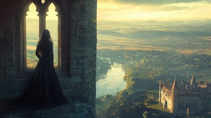 Enigmatic Woman in Dark Dress Gazes Out from Stone Castle Window Overlooking Serene Landscape at Dusk with Rolling Hills and Majestic River