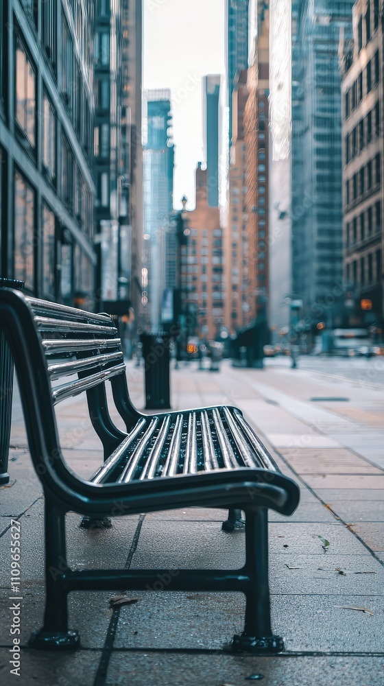 Poster Urban Cityscape with a Focus on a Bench Surrounded by Skyscrapers and Modern Architecture, Capturing Calm in a Busy Metropolitan Environment
