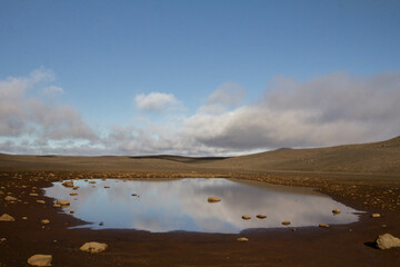 An Icelandic field with red sand and a serene lake reflecting the clouds in the sky