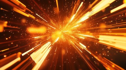 Naklejka premium Abstract orange light rays burst from center, glowing particles.