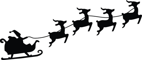 Santa Claus Flying in Sky With Reindeers Black Vector Silhouette On White Background. Illustration For Winter Holiday, Christmas And Happy New Year.