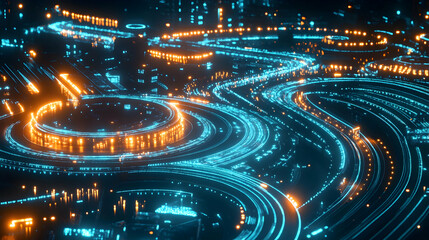 Fototapeta premium A futuristic highway system with bright blue and orange lights illuminating a complex road network.