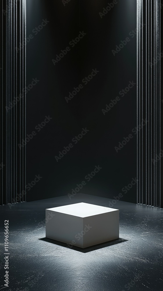 Aufkleber minimalist display platform in a dark room with dramatic lighting creating an artistic showcase for 