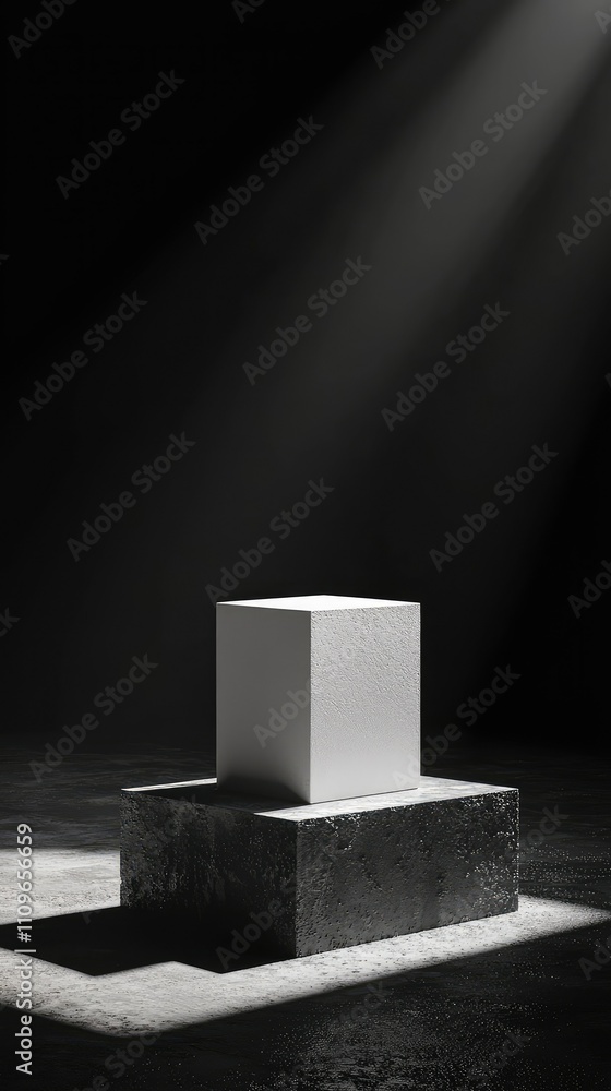 Poster minimalistic still life of a geometric white cube displayed on a dark background with dramatic light