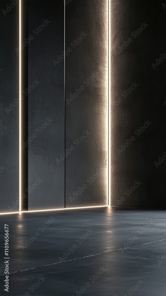 Poster modern minimalist interior with smooth black walls and subtle ambient lighting creating a sleek and 