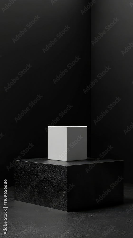 Poster minimalist composition featuring a white cube on a dark textured surface in a stark black environmen