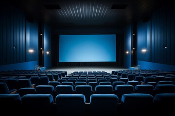 Spacious cinema interior with blue seats and a large, blank screen. Generative AI