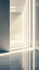 Obraz premium Modern Minimalist Interior with Geometric Lighting and Sleek Surface in a Bright, Spacious Corridor Highlighting Contemporary Design Aesthetics
