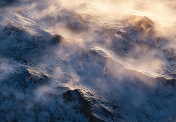 Obraz premium Ethereal Landscape with Mist and Light Over Mountainous Terrain Creating a Dreamlike Atmosphere for Nature and Adventure Photography Projects