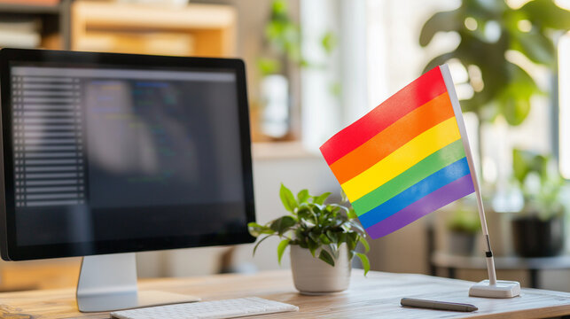 LGBTQ+ pride flag displayed on a modern office desk, symbolizing inclusivity and diversity in the workplace