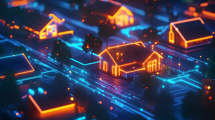 Naklejka premium A suburban neighborhood with glowing orange and blue outlines around houses, symbolizing connected smart homes.