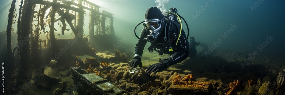 Poster exploring the depths of a submerged shipwreck on a serene underwater adventure. generative ai