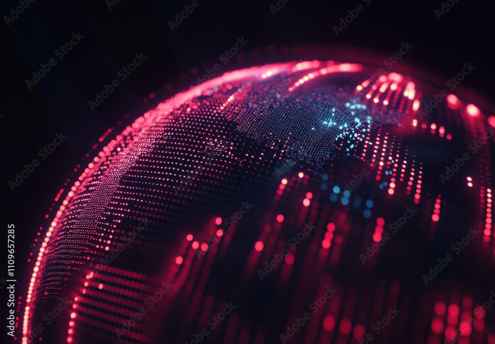 Poster futuristic digital globe with colorful dots representing data flow and connectivity in a dark backgr
