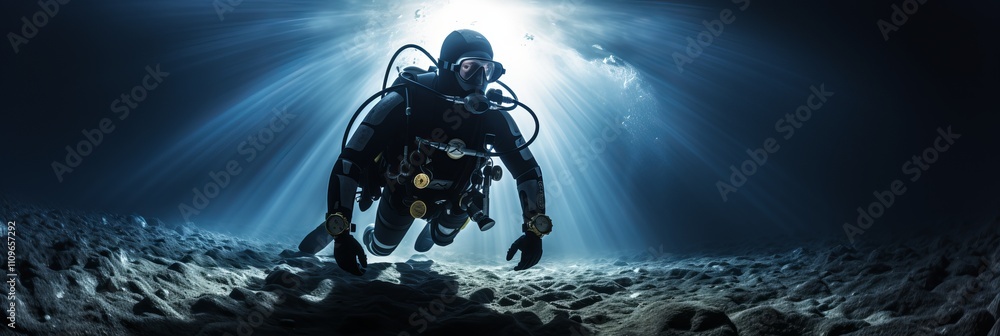 Poster diver exploring the serene underwater world illuminated by dazzling light rays. generative ai
