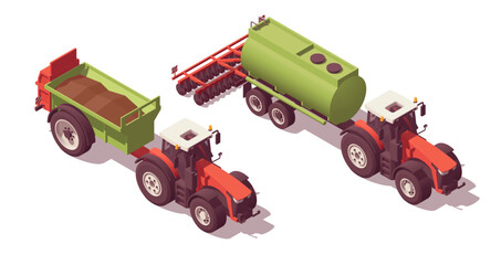 Set of isometric low poly tractors with manure spreaders. Vector illustrator