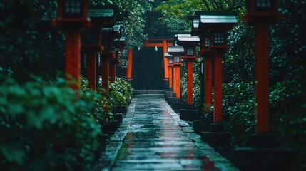 Serene Pathway Through Lush Greenery and Lanterns in Rainy Forest with Traditional Red Torii Gates Framing the Journey Ahead