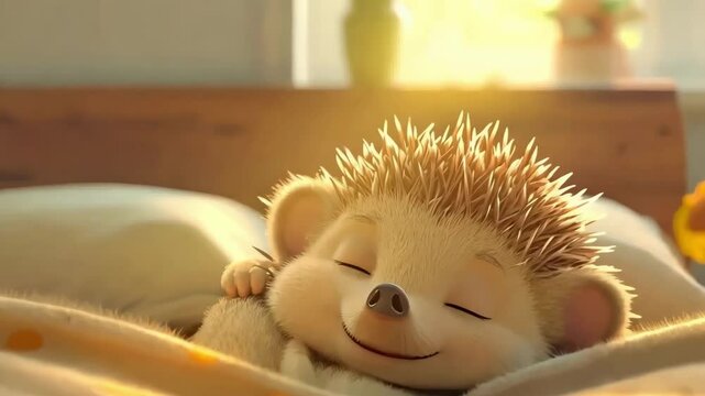 A cartoon hedgehog is sleeping on a bed. The bed is covered in yellow and white sheets