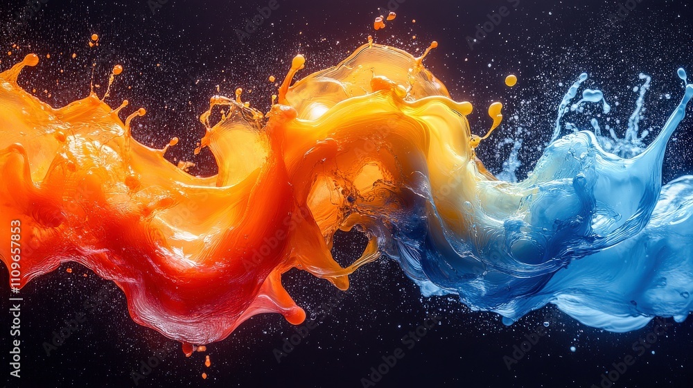 Aufkleber abstract colorful liquid splash with vivid orange and blue tones creating dynamic movement in a dark