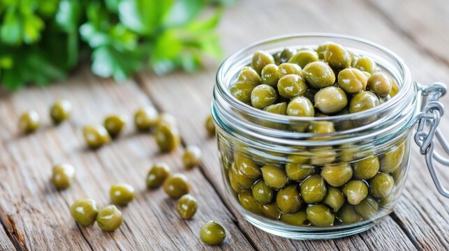 Marinated capers in a glass jar on a rustic wooden table with scattered capers and a small spoon