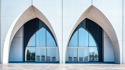 Unique Architectural Design Featuring Symmetrical Arched Windows and Reflective Glass Facades on a Contemporary Building Exterior