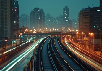 Fototapeta premium Nighttime Cityscape with Illuminated Train Tracks and Skyscrapers Under a Starry Sky, Capturing the Energy and Vibrance of Urban Life in a Modern Metropolis