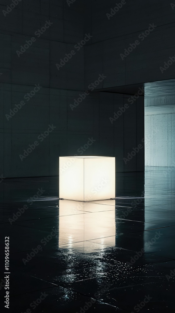 Poster illuminated cube in a dimly lit modern space reflecting on wet floor surfaces creating a unique and 