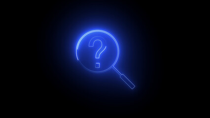 Neon magnifying glass and  icon. Glowing neon search sign, outline loupe pictogram in vivid colors. Online search, data analysis, find information and exploration. 4k illustration image icon .