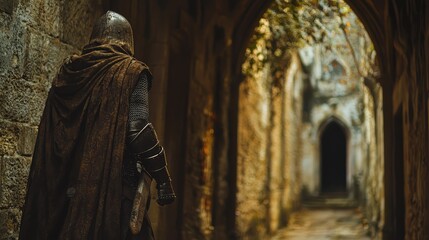 Naklejka premium Mysterious Knight in Cloak Walking Through Ancient Stone Alleyway Surrounded by Arched Doorways and Historic Architecture