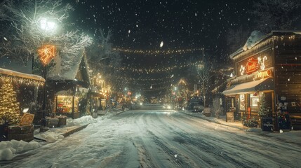 Obraz premium Snowy Night Street Scene with Christmas Lights and a Rustic Store