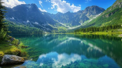Serene Mountain Landscape with Crystal Clear Lake Surrounded by Lush Green Forest and Majestic Peaks Under a Bright Blue Sky with Fluffy White Clouds