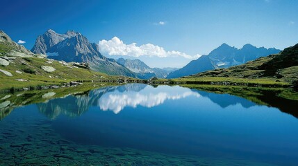 Serene Mountain Landscape with Clear Blue Lake and Reflections Under a Bright Sky
