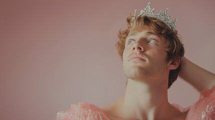Young man wearing a tiara and pink outfit posing confidently against a soft pink background, symbolizing self-expression, individuality, and breaking gender stereotypes in a playful and artistic way.
