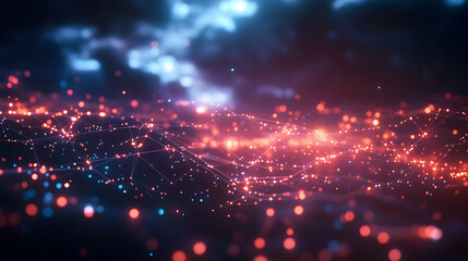 Obraz premium A glowing orange network of data across a blue sky, symbolizing the integration of data systems and virtual connectivity.