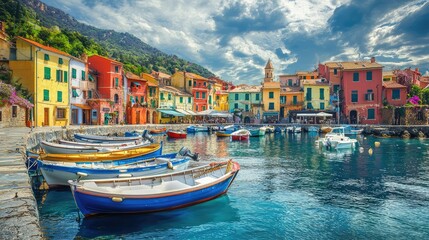 Scenic Coastal Village with Colorful Buildings and Boats in Calm Waters, Capturing the Serenity of Mediterranean Life and Charming Coastal Architecture