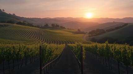 Fototapeta premium Breathtaking Sunset Over Lush Vineyard Landscape with Rolling Hills, Grapevines, and Serene Skies Creating a Perfect Rural Scene for Wine Lovers and Nature Enthusiasts